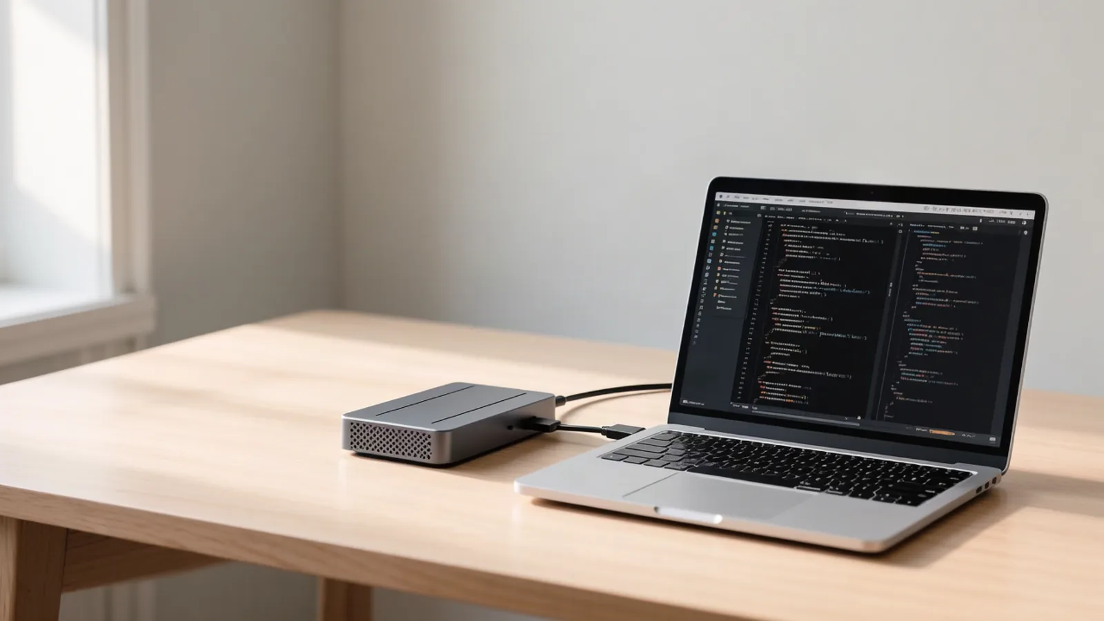 A laptop on a wooden desk runs a code editor beside a cabled external GPU enclosure, depicting Recursive's Flint, the open-weights 40B mixture-of-experts coding model built to run locally. Illustration: DeAI